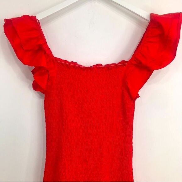 Zara Red Smocked Bodice Drop Waist Tiered Ruffle Form Fitted Mini Dress NEW - Picture 13 of 16